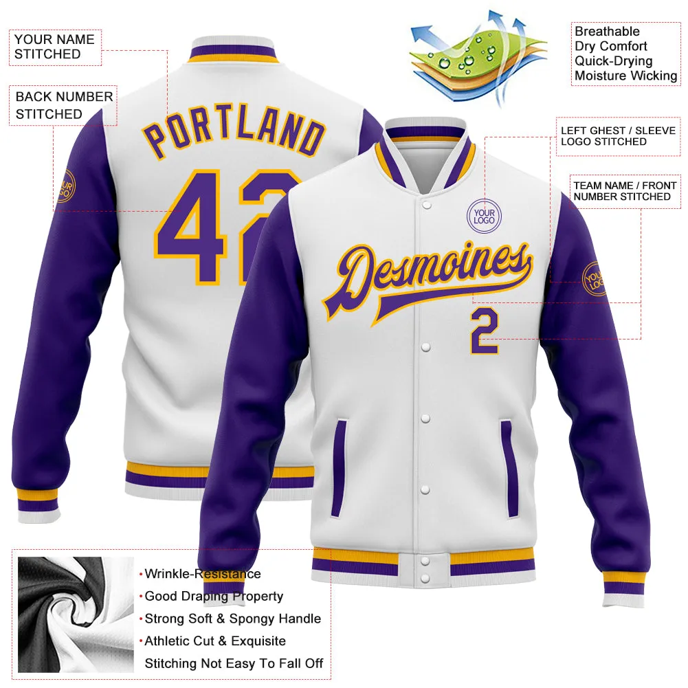 Custom White Purple-Gold Bomber Full-Snap Varsity Letterman Two Tone Jacket