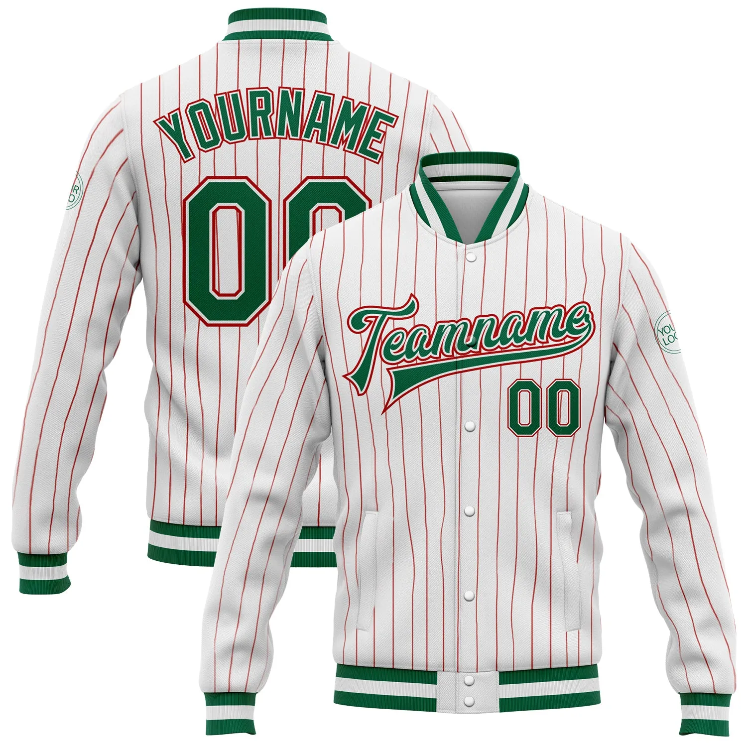 Custom White Red Pinstripe Kelly Green-Red Bomber Full-Snap Varsity Letterman Jacket