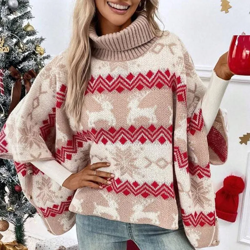 Cute Turtleneck Oversized Bathing Sleeve Christmas Poncho Sweater - Red