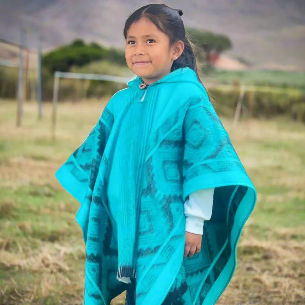 Cuyabeno - Alpaca Wool Kids Unisex South American Handwoven Hooded Poncho - kids sizes - turquoise blue diamond pattern