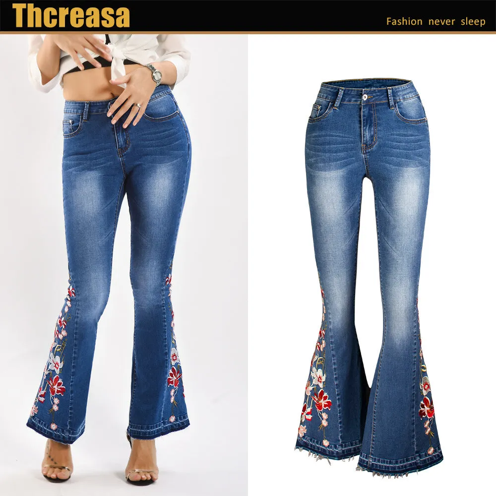 Dark Blue Flared Embroidery Detail Women Denim Jeans