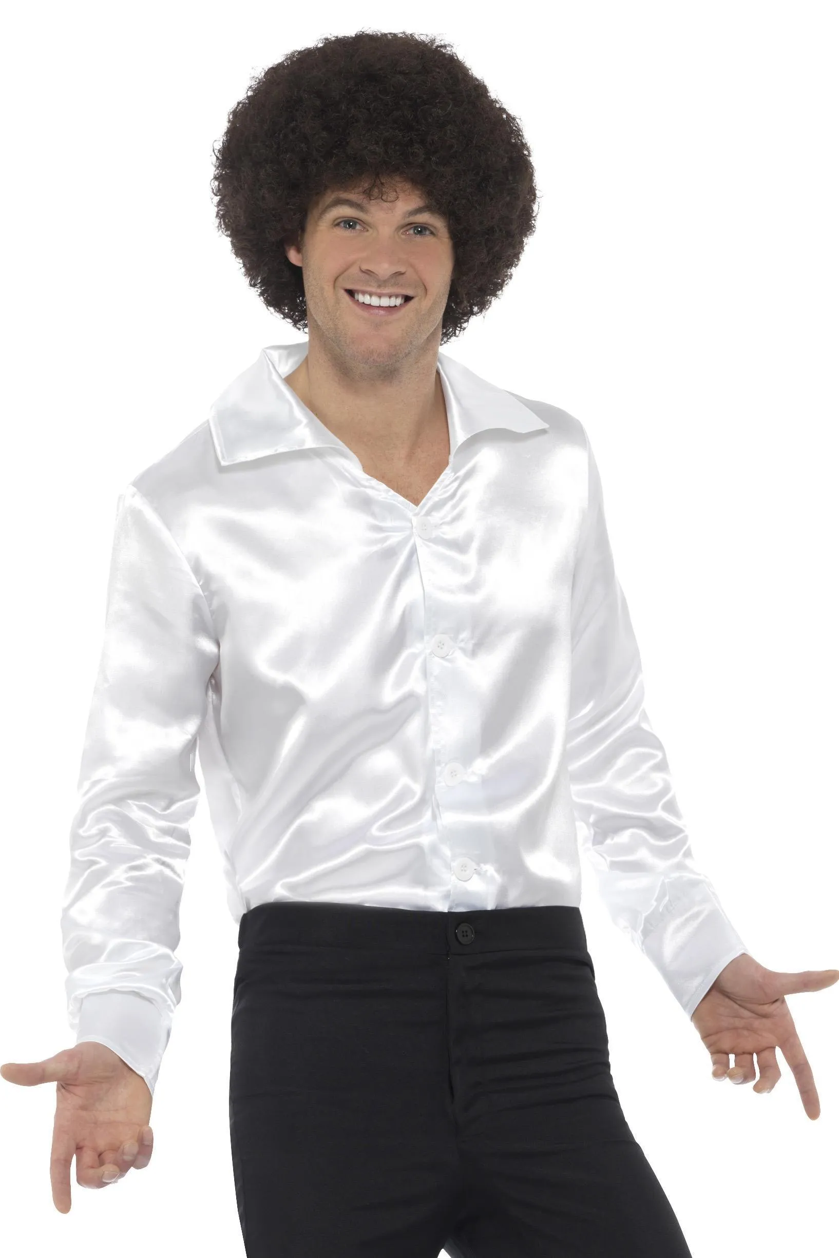 Disco 60s 70s Groovy Mens White Satin Shirt