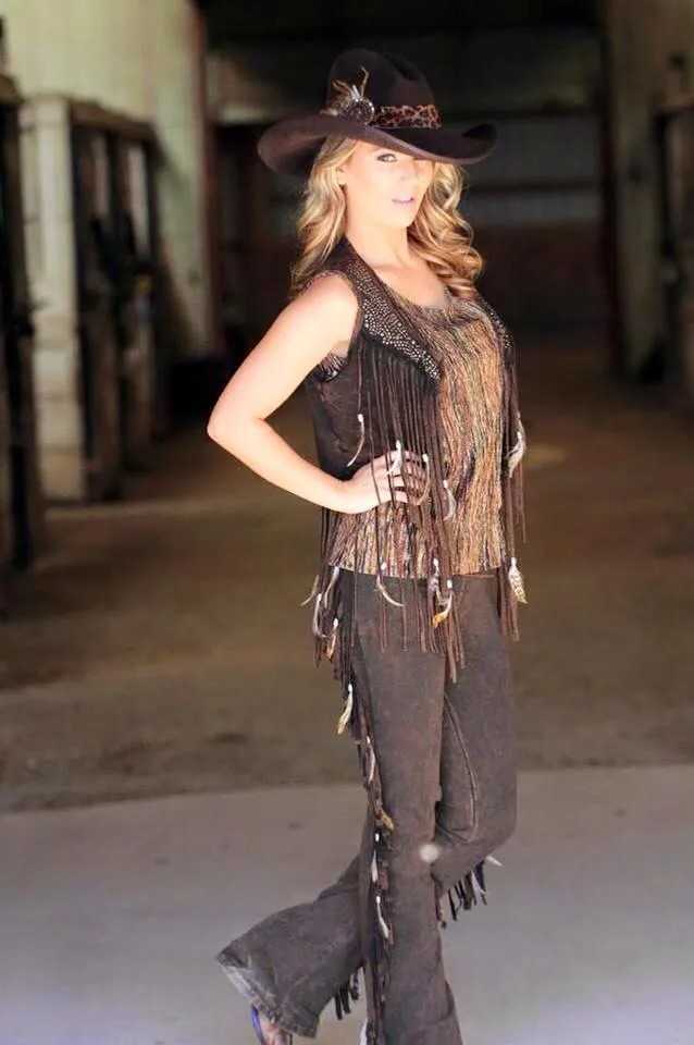 Distressed Brown Fringe Feathered Pant