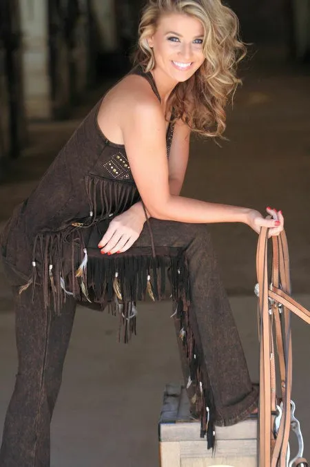 Distressed Brown Fringe Feathered Pant