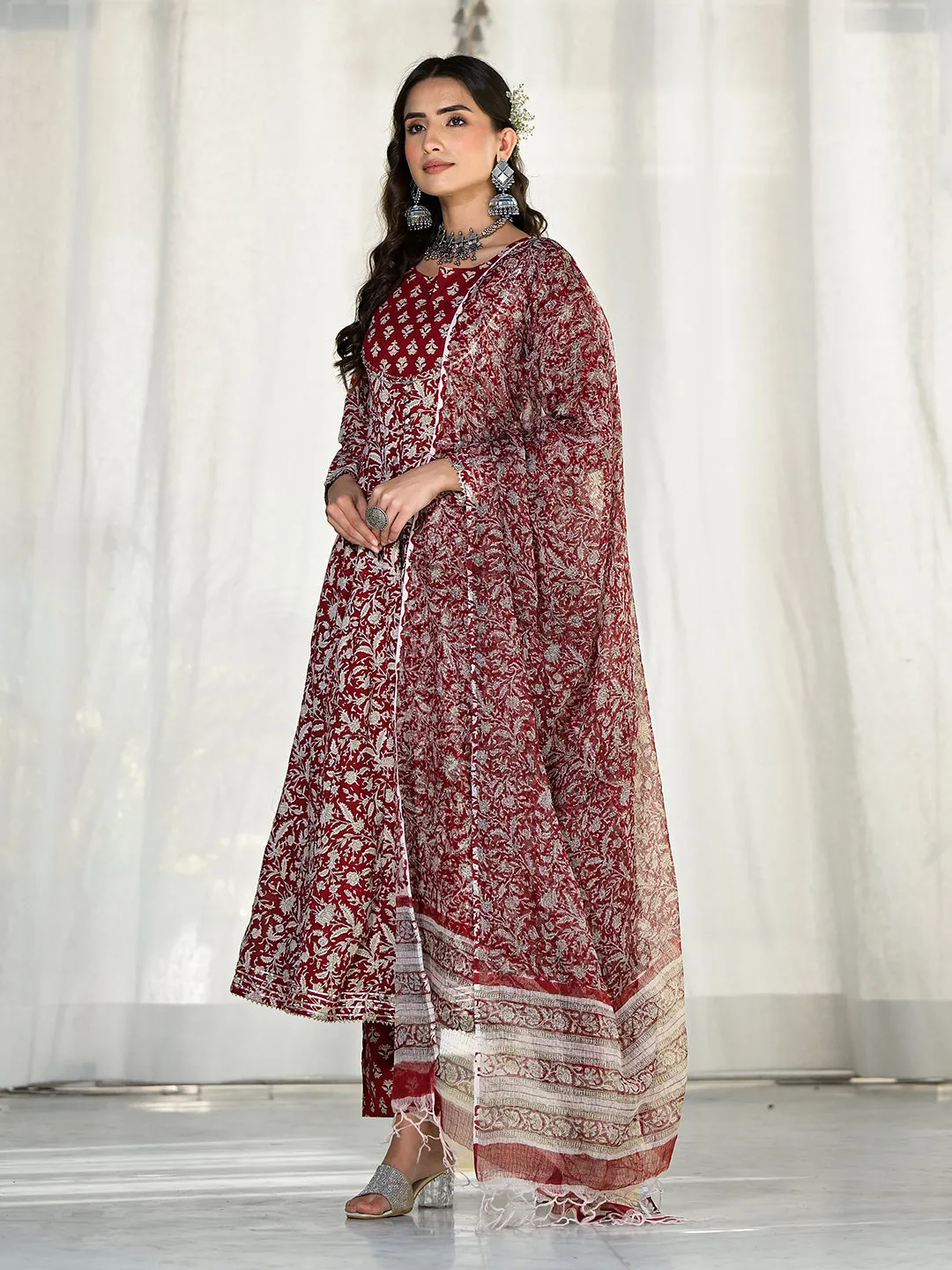 Divena Maroon Floral Printed Anarkali Cotton Kurta Trouser with Dupatta Set