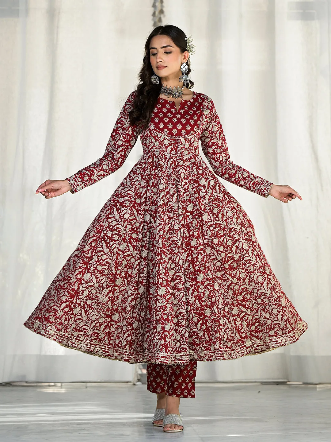 Divena Maroon Floral Printed Anarkali Cotton Kurta Trouser with Dupatta Set