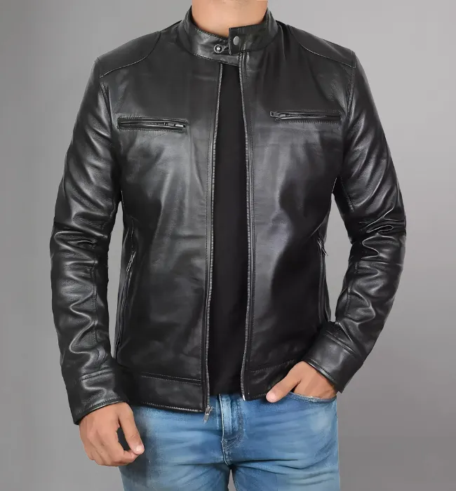 Dodge Mens Black Cafe Racer Leather Jacket