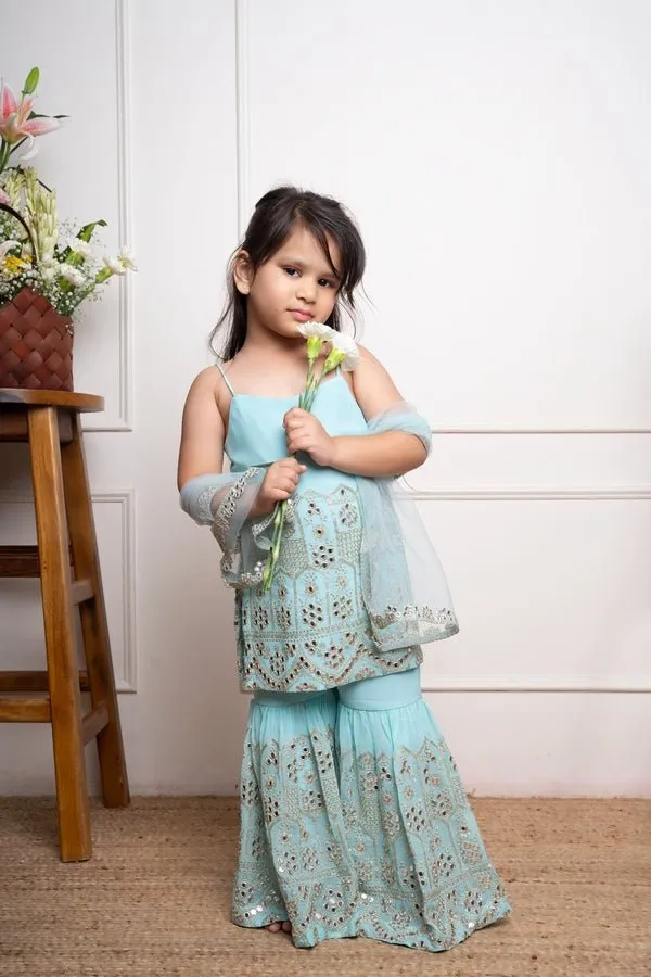 Elegant aqua blue sharara set with intricate mirror work and embroidery, perfect for festive occasions and celebrations