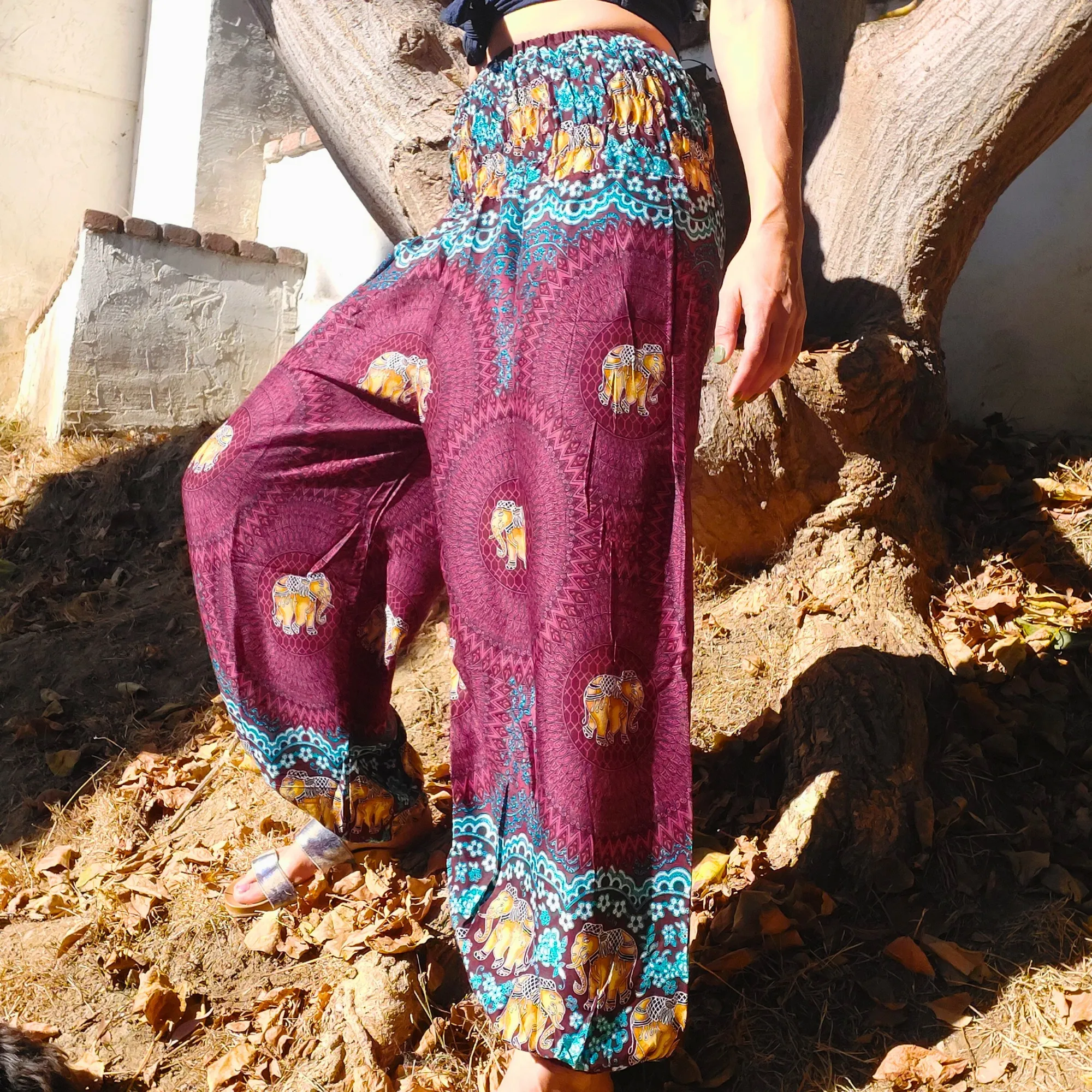 Elephant Design  Straight Leg Harem Pants in Red