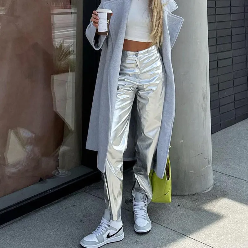 Fashionkova concert outfit Casual Pants Silver PU Leather Women's Flared Pants Autumn Harajuku Pants High Waist Zipper Trousers