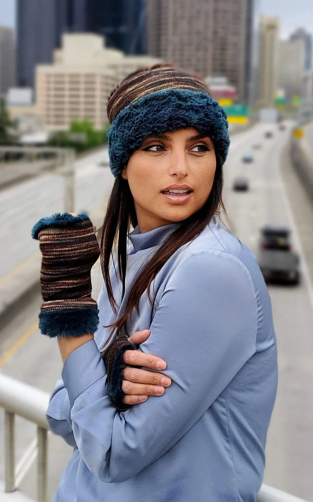 Fingerless Gloves in Mid-Length - Sweet Stripes Knits in English Toffee with Assorted Faux Fur