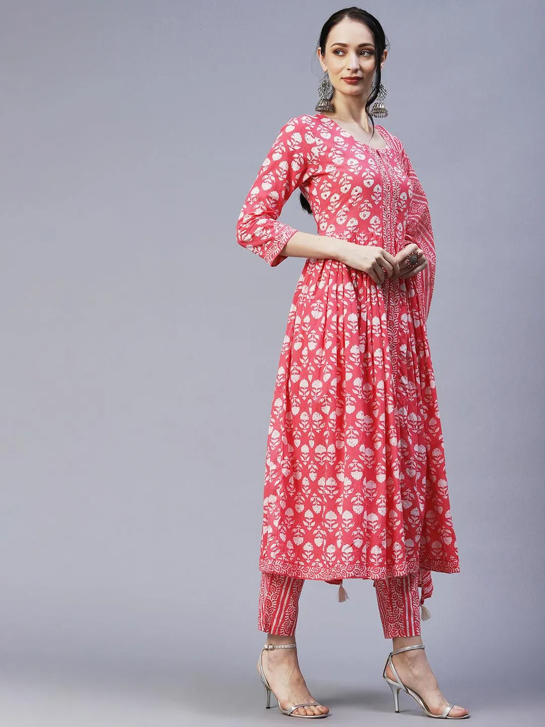 Floral Block Printed Mirror & Resham Embroidered Flared Front Slit Kurta With Pants & Dupatta - Pink