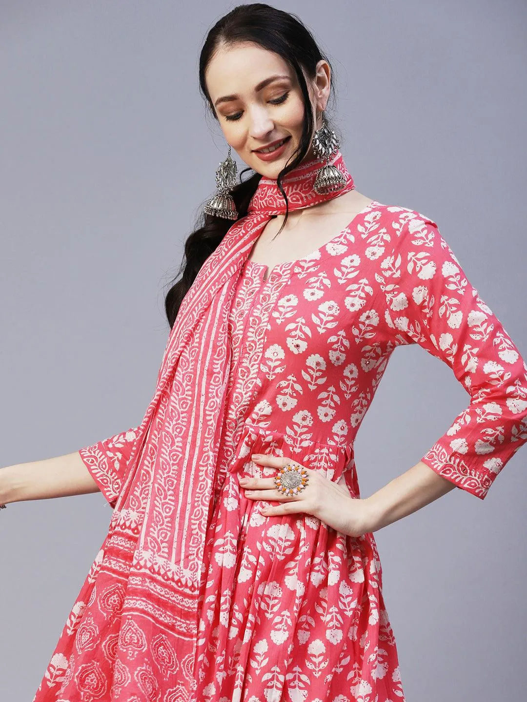 Floral Block Printed Mirror & Resham Embroidered Flared Front Slit Kurta With Pants & Dupatta - Pink