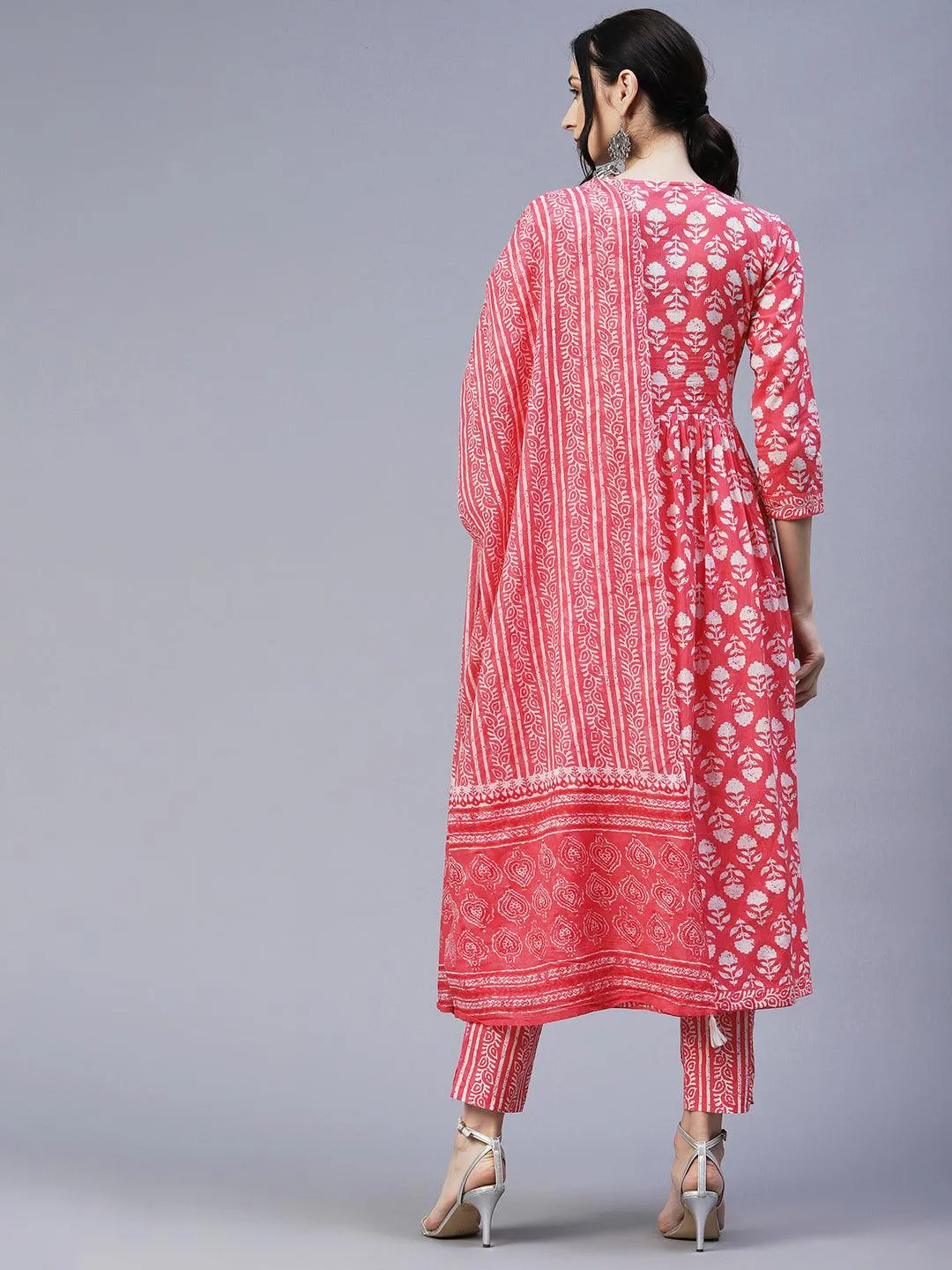 Floral Block Printed Mirror & Resham Embroidered Flared Front Slit Kurta With Pants & Dupatta - Pink