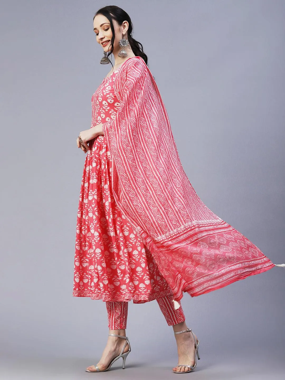 Floral Block Printed Mirror & Resham Embroidered Flared Front Slit Kurta With Pants & Dupatta - Pink