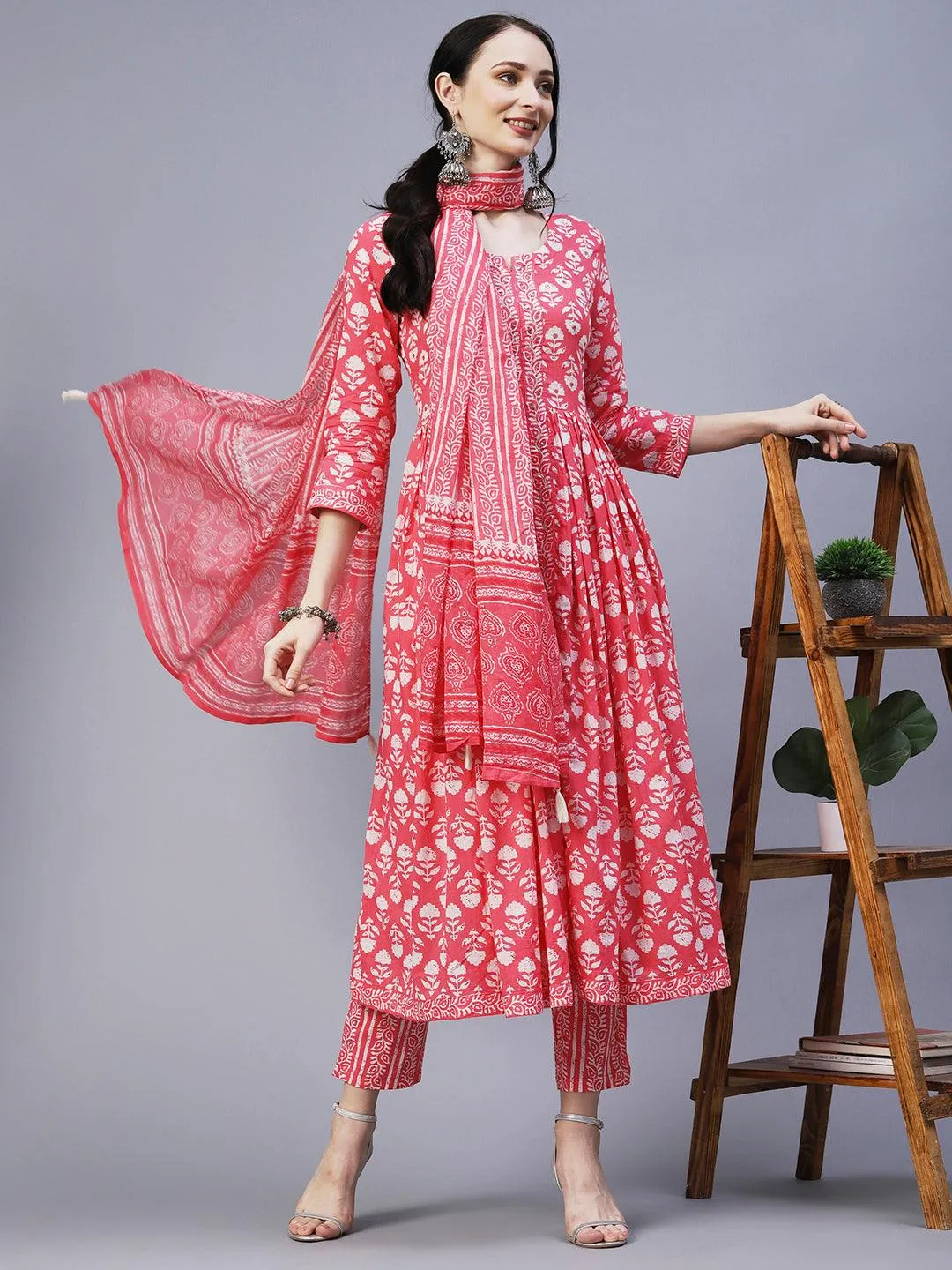 Floral Block Printed Mirror & Resham Embroidered Flared Front Slit Kurta With Pants & Dupatta - Pink