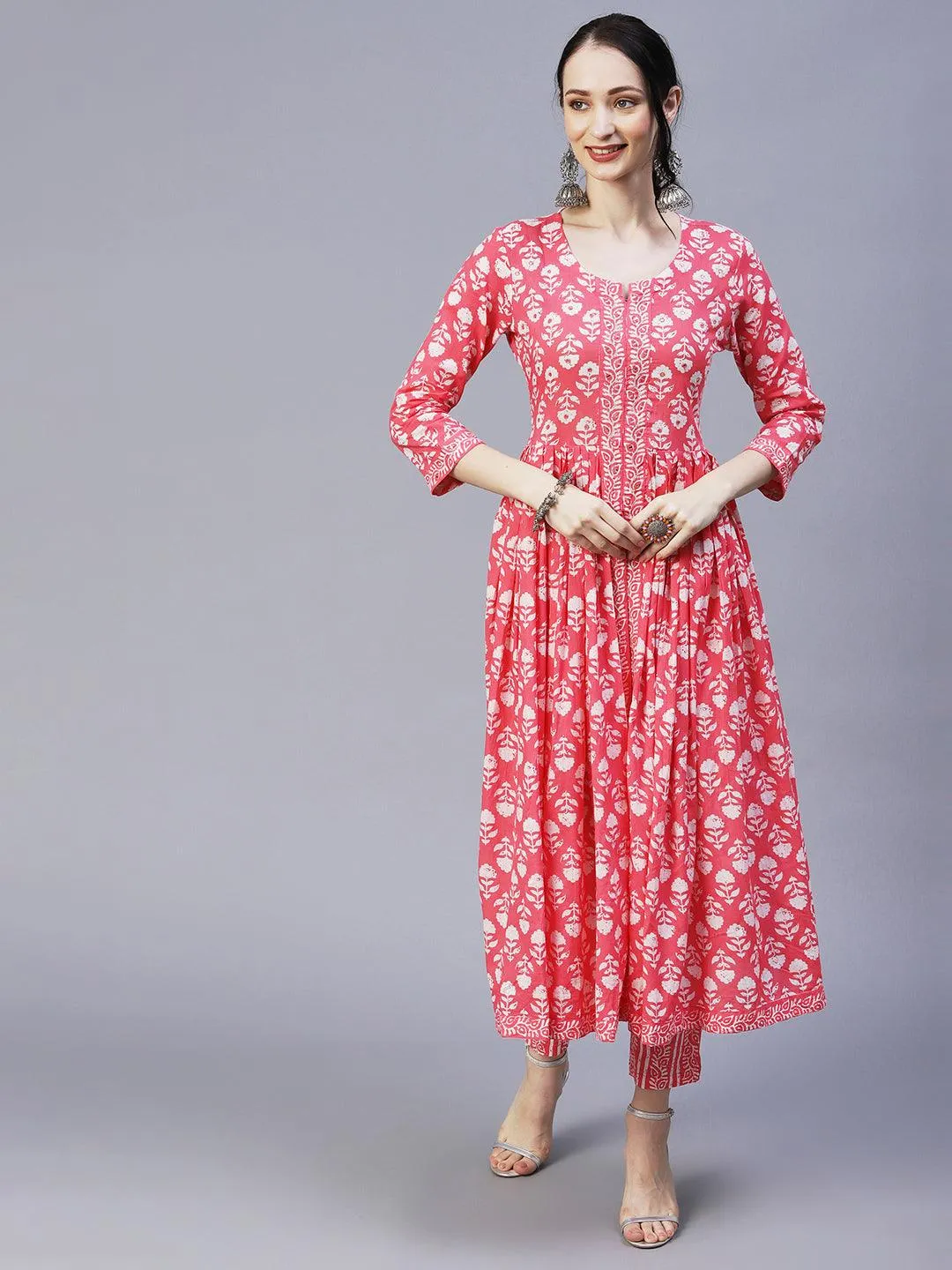 Floral Block Printed Mirror & Resham Embroidered Flared Front Slit Kurta With Pants & Dupatta - Pink