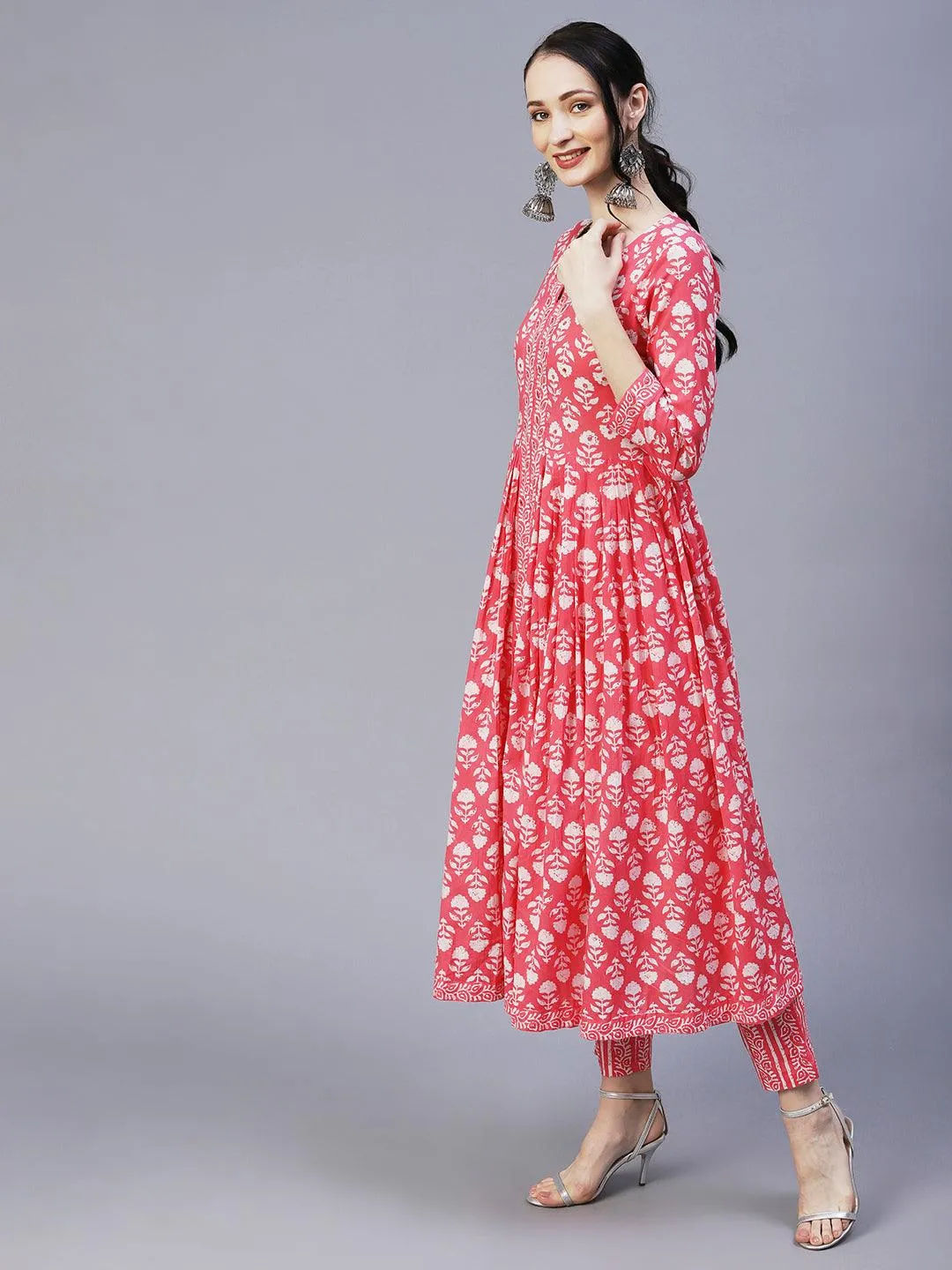 Floral Block Printed Mirror & Resham Embroidered Flared Front Slit Kurta With Pants & Dupatta - Pink