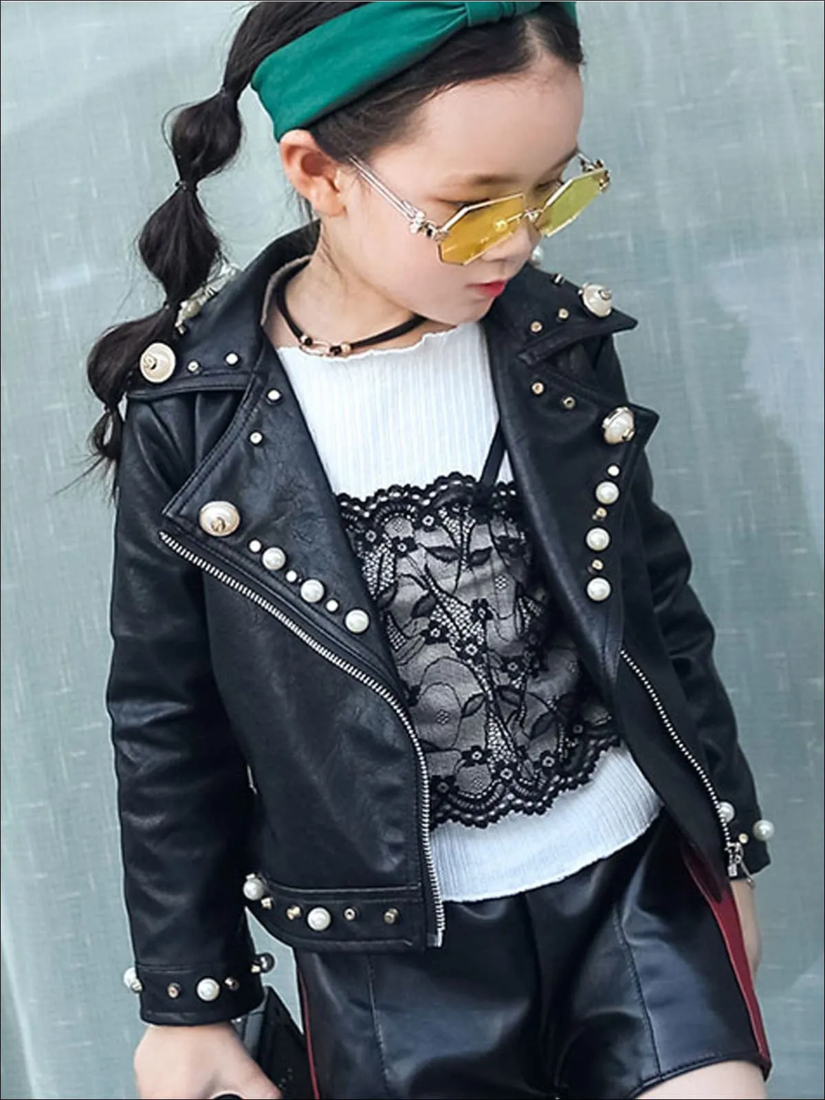 Girls Black Synthetic Leather Pearl Studded Jacket