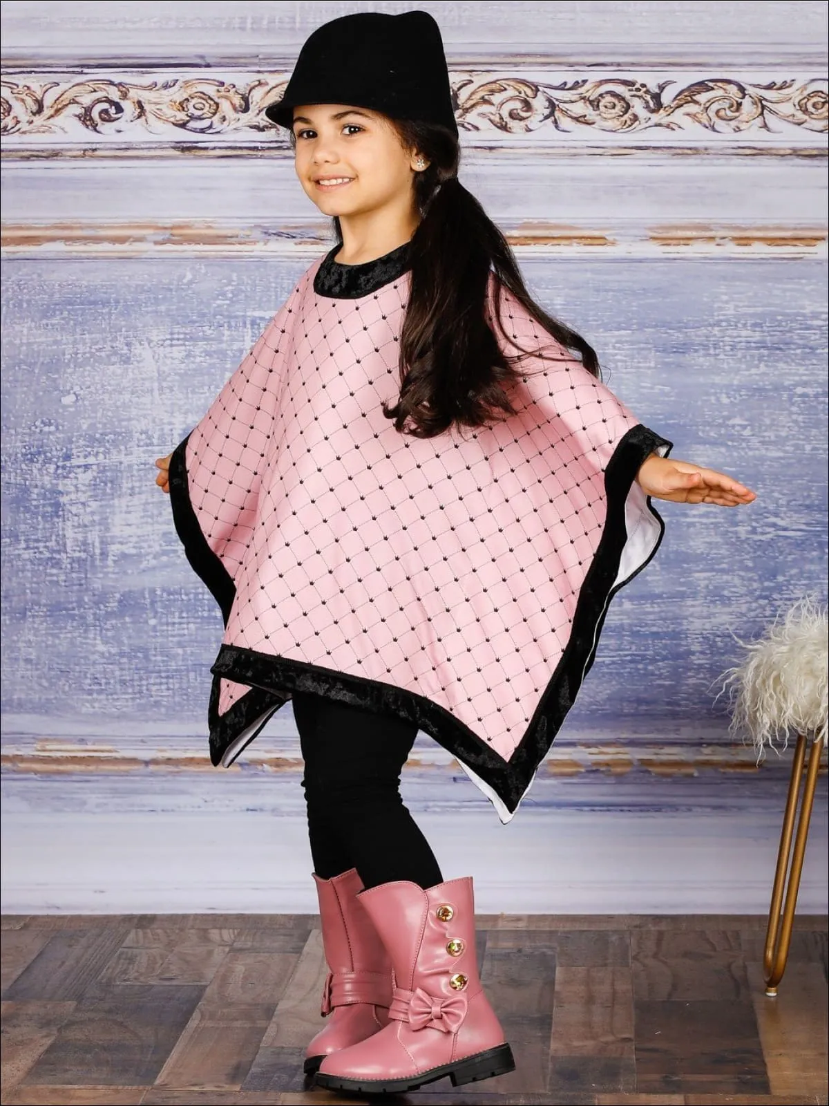 Girls Pink Crown Print Velvet Poncho And Matching Legging Set