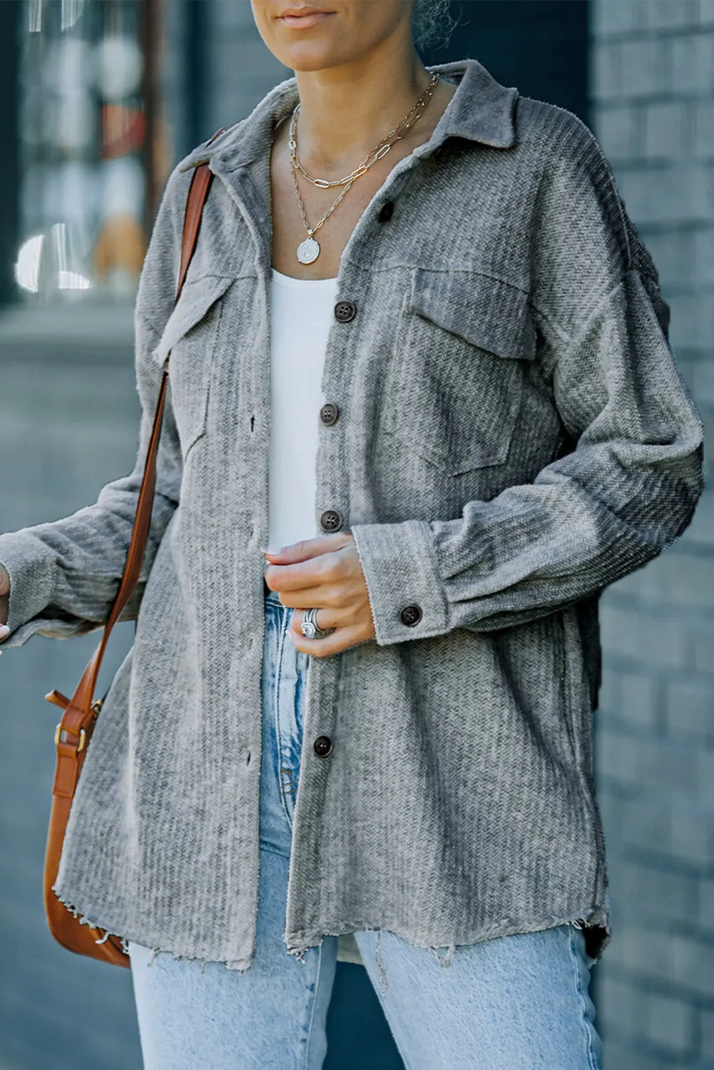 Gray Textured Button Down Shirt Jacket With Pockets