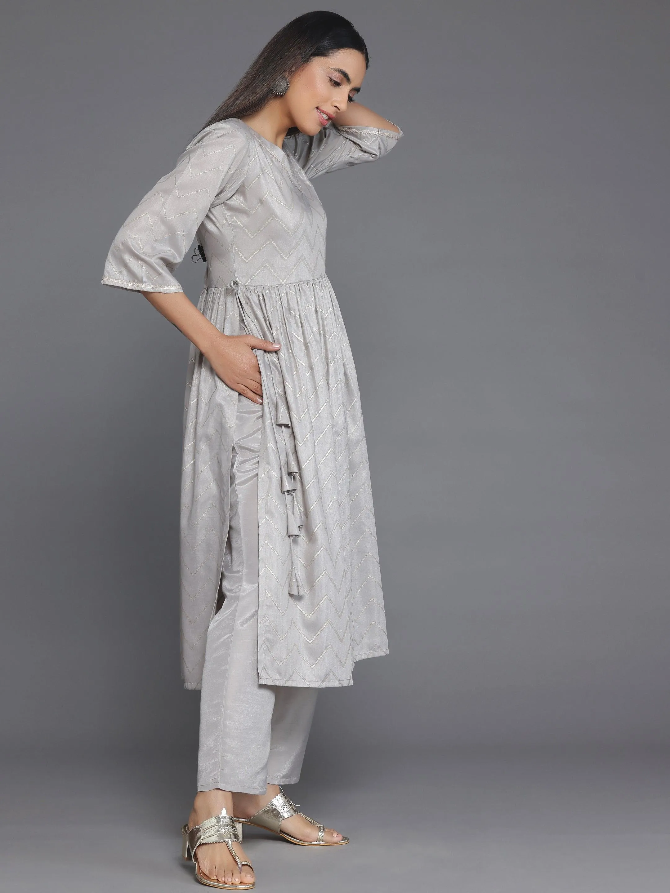 Grey Printed Silk Blend A-Line Kurta With Trousers