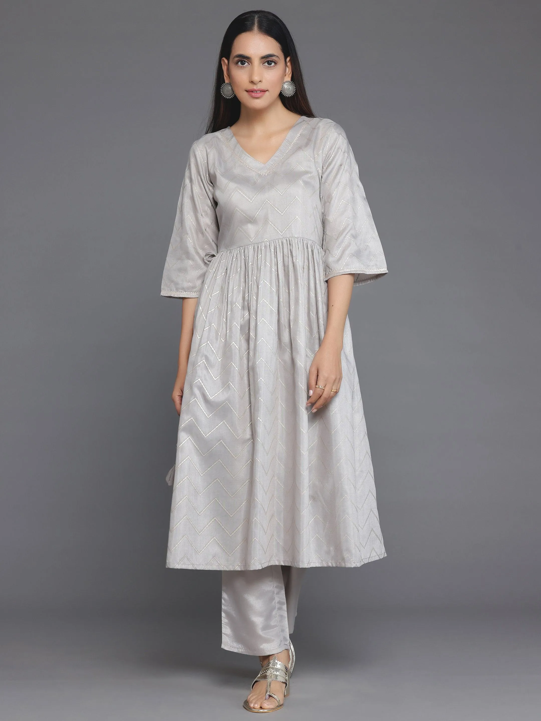 Grey Printed Silk Blend A-Line Kurta With Trousers