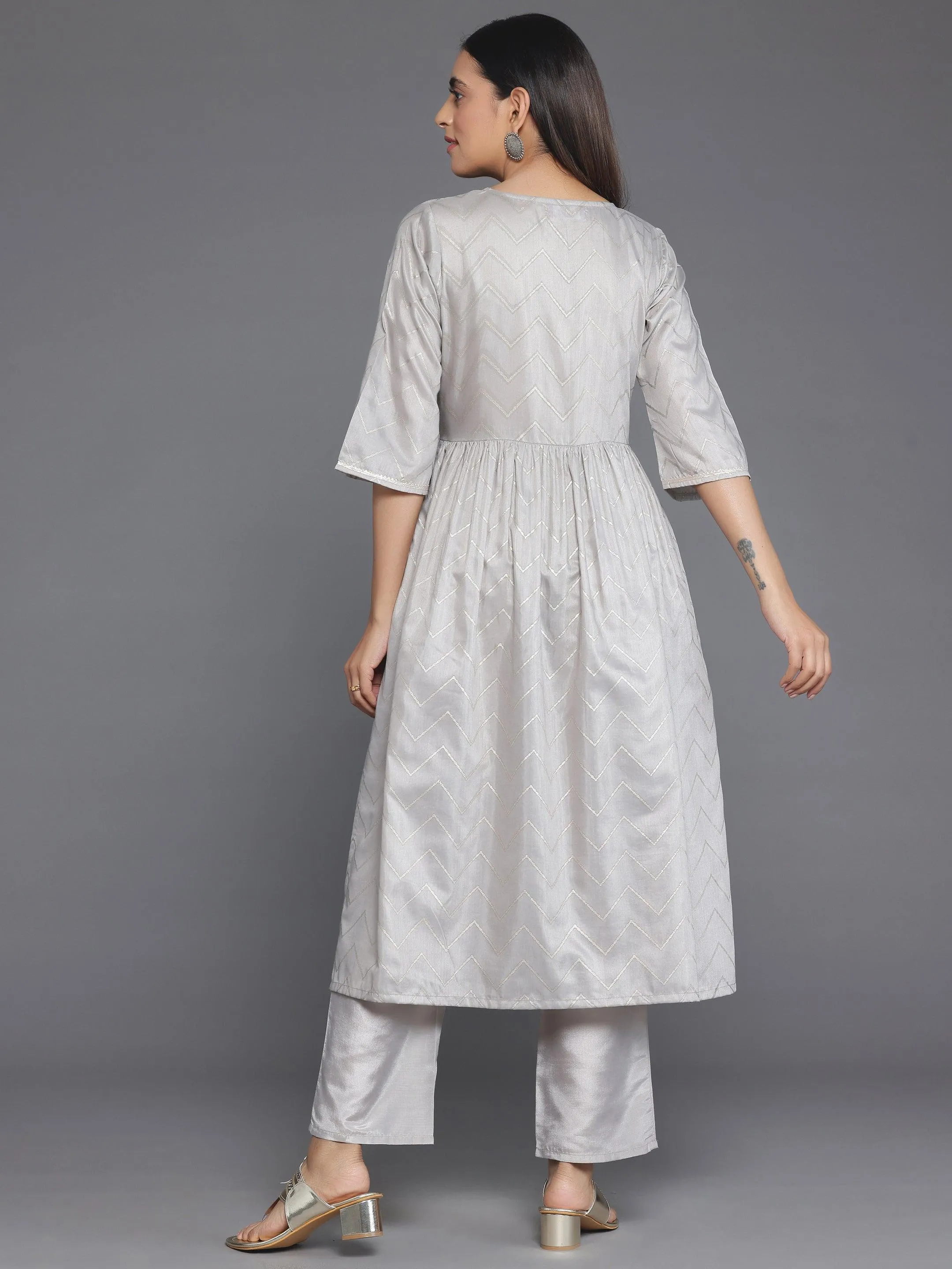 Grey Printed Silk Blend A-Line Kurta With Trousers