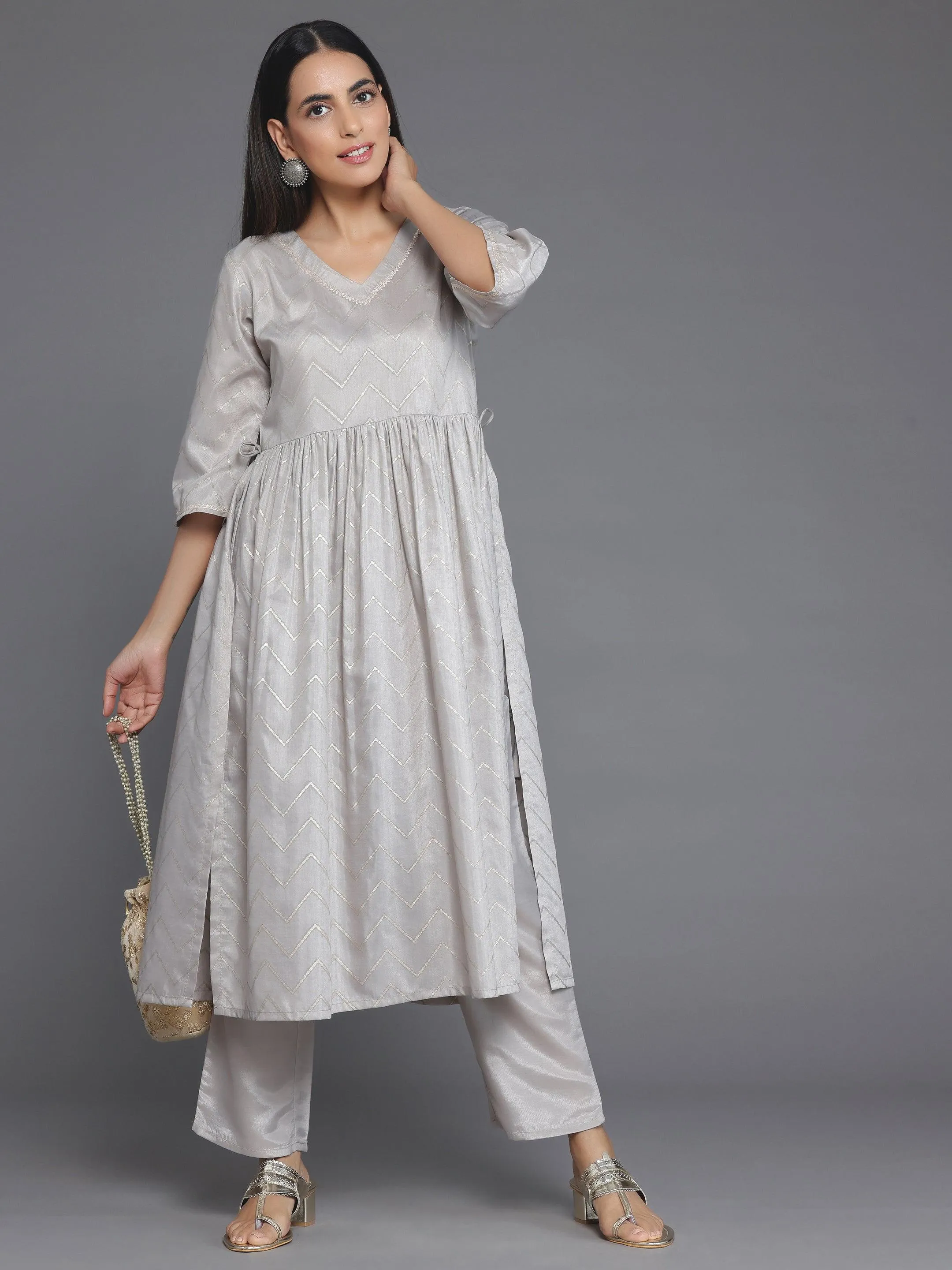 Grey Printed Silk Blend A-Line Kurta With Trousers