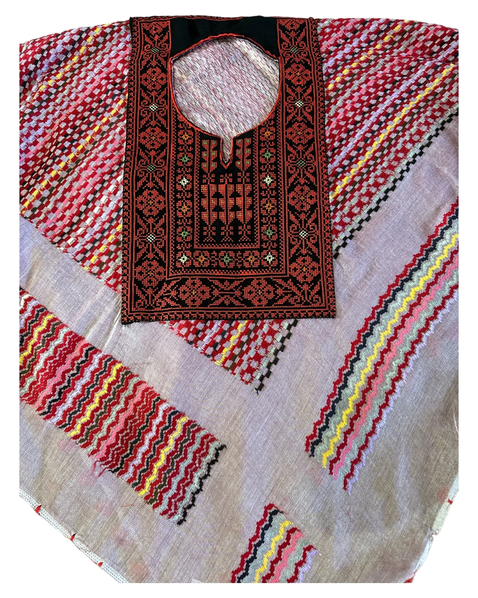 Hand Stitched Pink & Multi-Coloured Poncho with Keffiyeh design and Embroidery