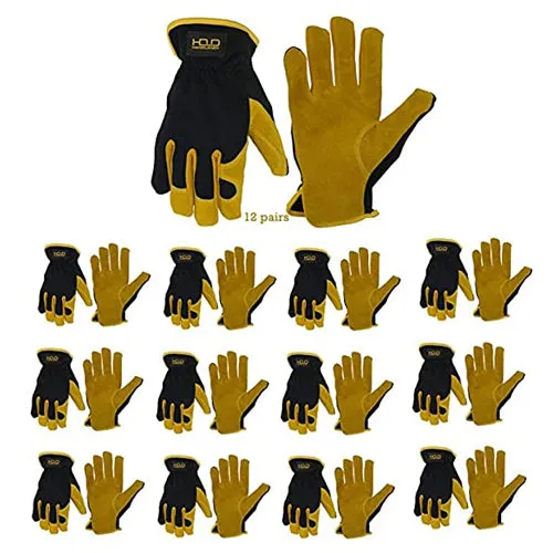 Handlandy Men Leather Gardening Gloves Bulk, Utility Work Gloves for Mechanics, Construction 59646013 (12 Pairs )