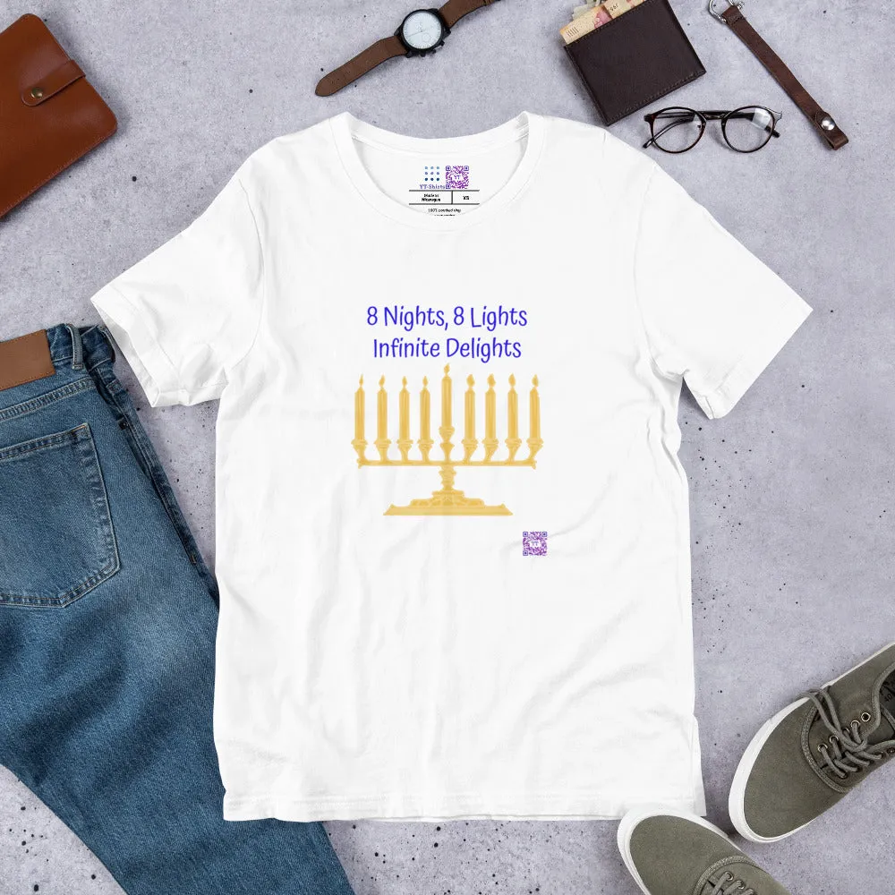 Hanukkah Menorah Shirt, 8 Nights 8 Lights Infinite Delights, Jewish Holiday Tee, Festival of Lights Top, Chanukah Celebration T-Shirt