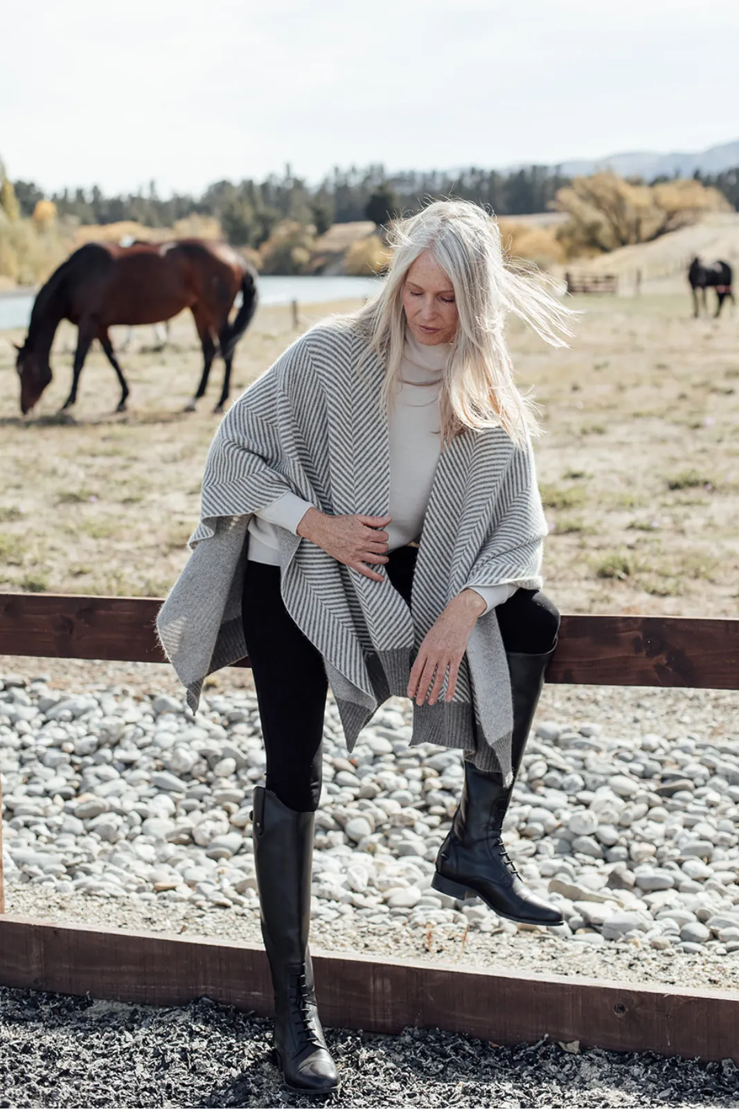 Herringbone Merino Angora Poncho - Mocha