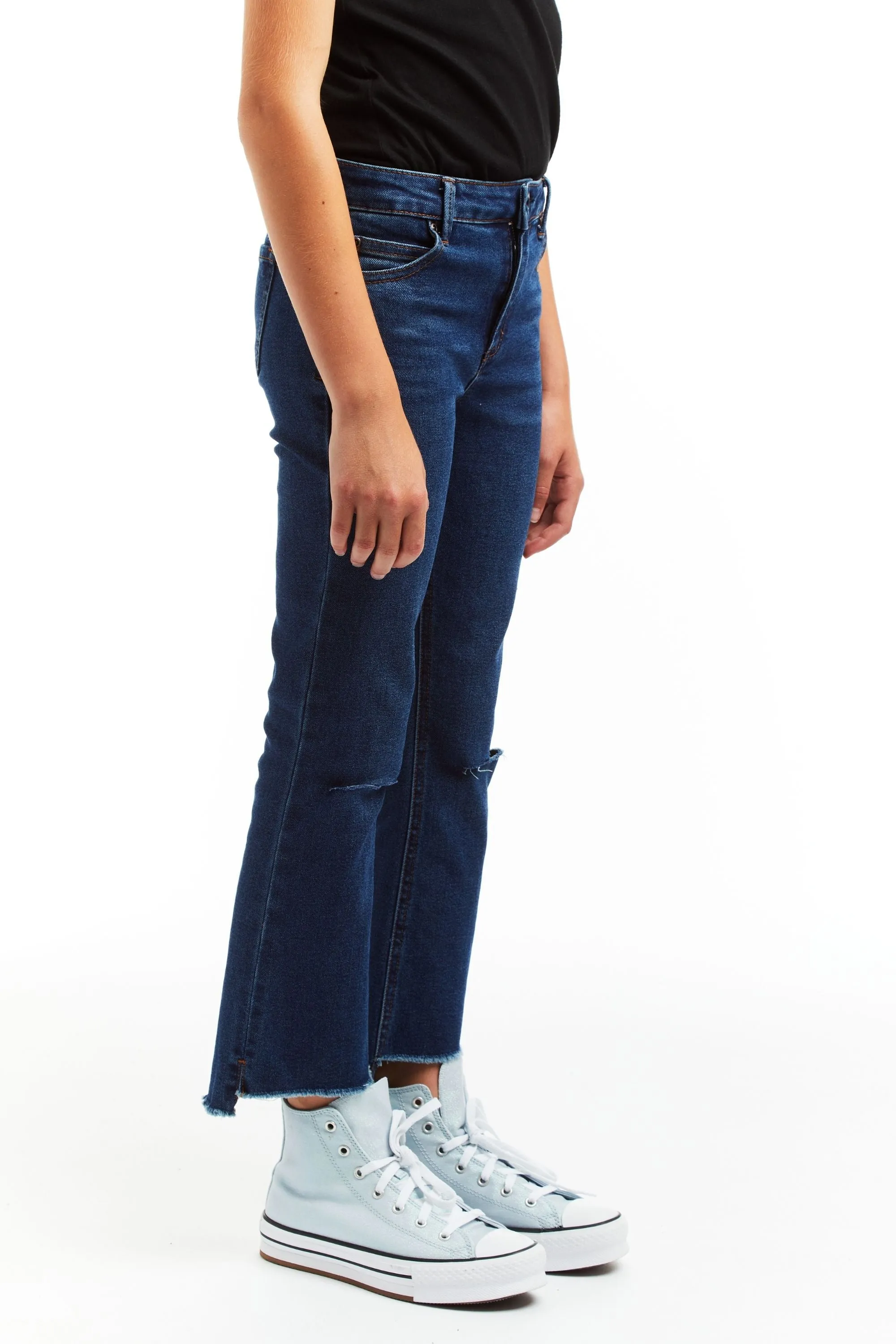 High Rise Crop Flare With Destructed High Low Hem