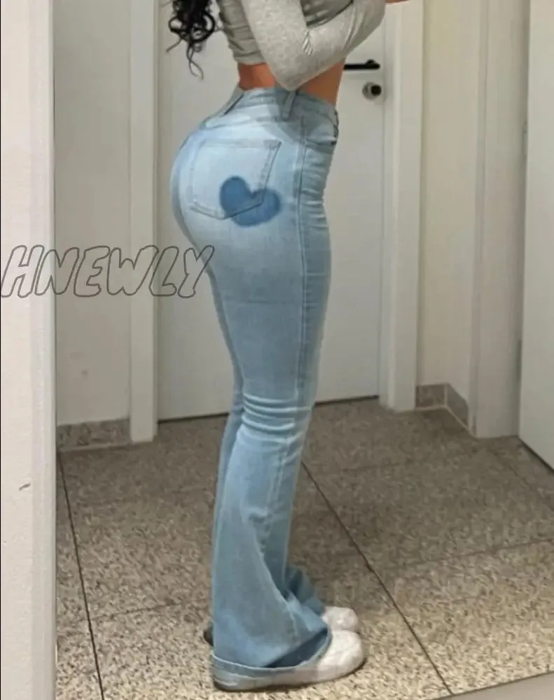 Hnewly Women Trumpet Jeans Slim Sexy Love Print Denim Horn Trousers Y2k High Waist Casual Flared Long Pants Streetwear Clothing Female