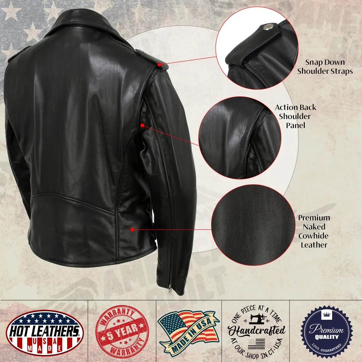 Hot Leathers JKL5004 USA Made Womens 'The Flaunt' Premium Black Classic Motorcycle Style Leather Jacket