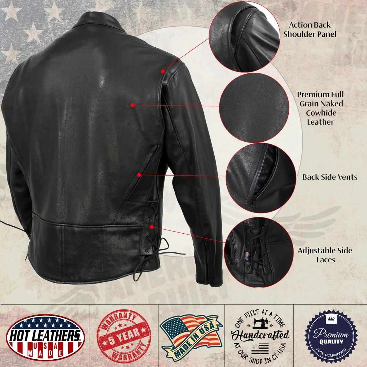 Hot Leathers JKM5002 USA Made Men's 'Air Stream' Vented Black Premium Leather MC Jacket with Side Laces