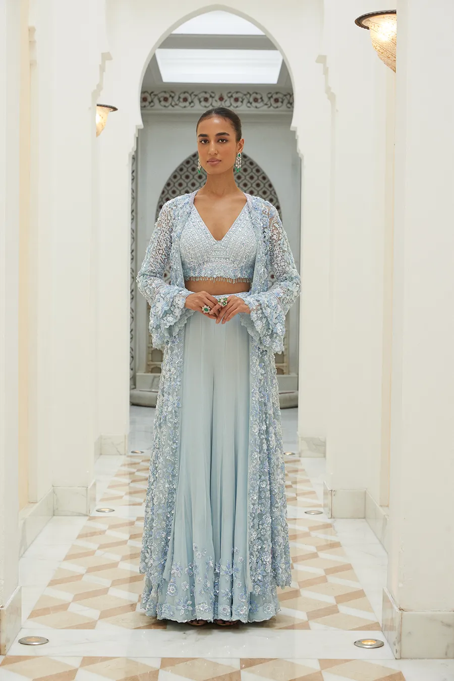 ICE BLUE BUSTIER, JACKET AND SHARARA SET