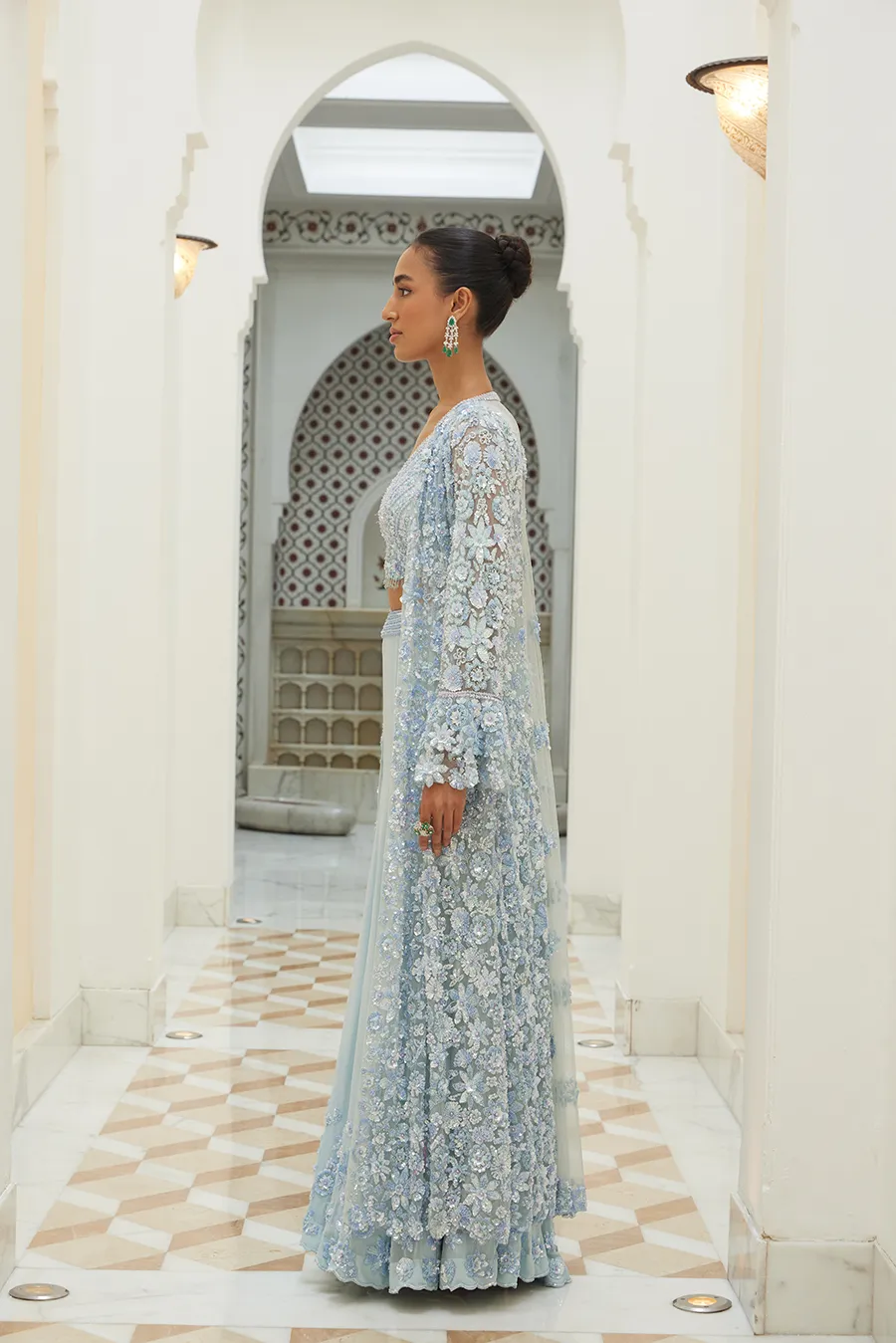 ICE BLUE BUSTIER, JACKET AND SHARARA SET