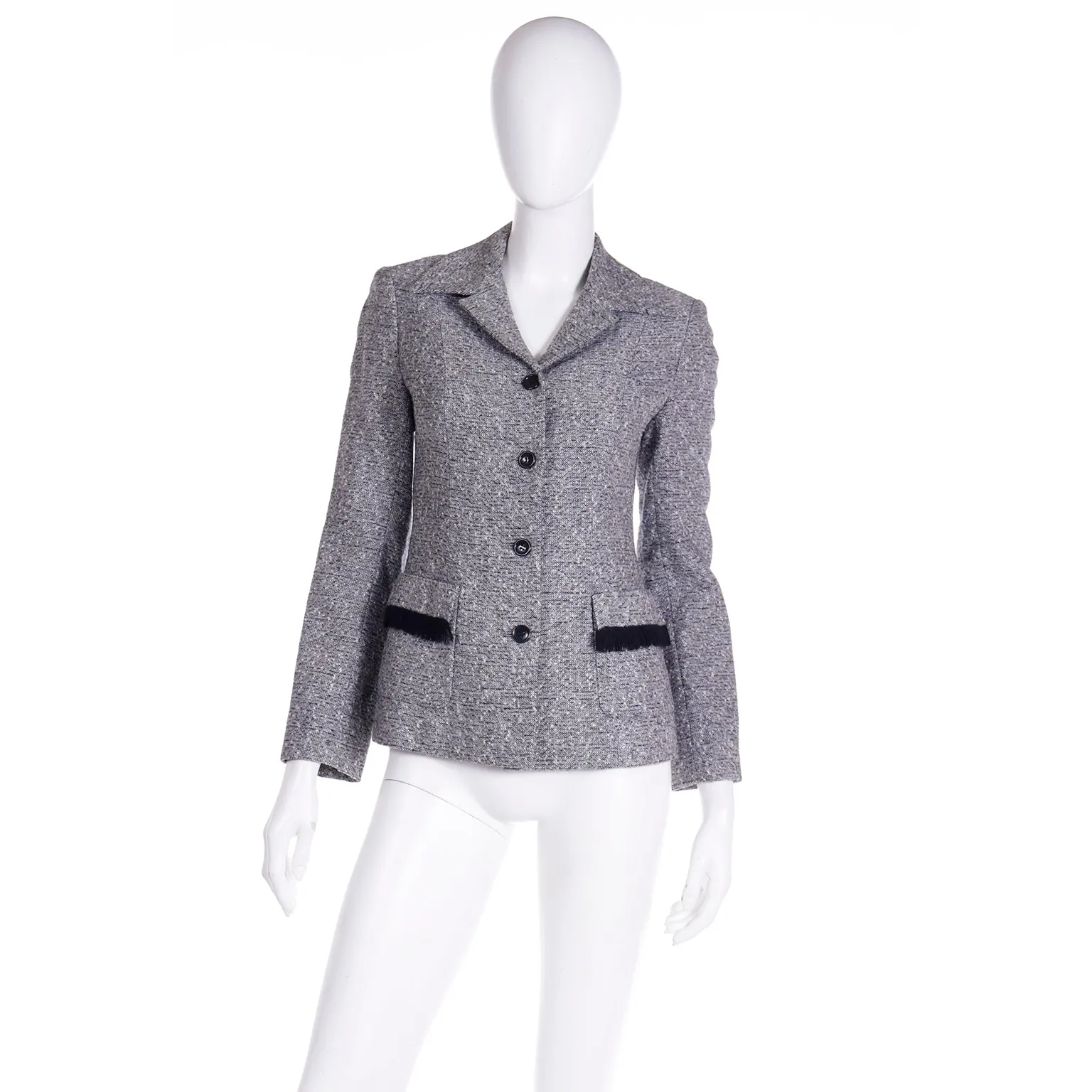 Isaac Mizrahi Boucle Jacket w/ Black Fringe Pockets