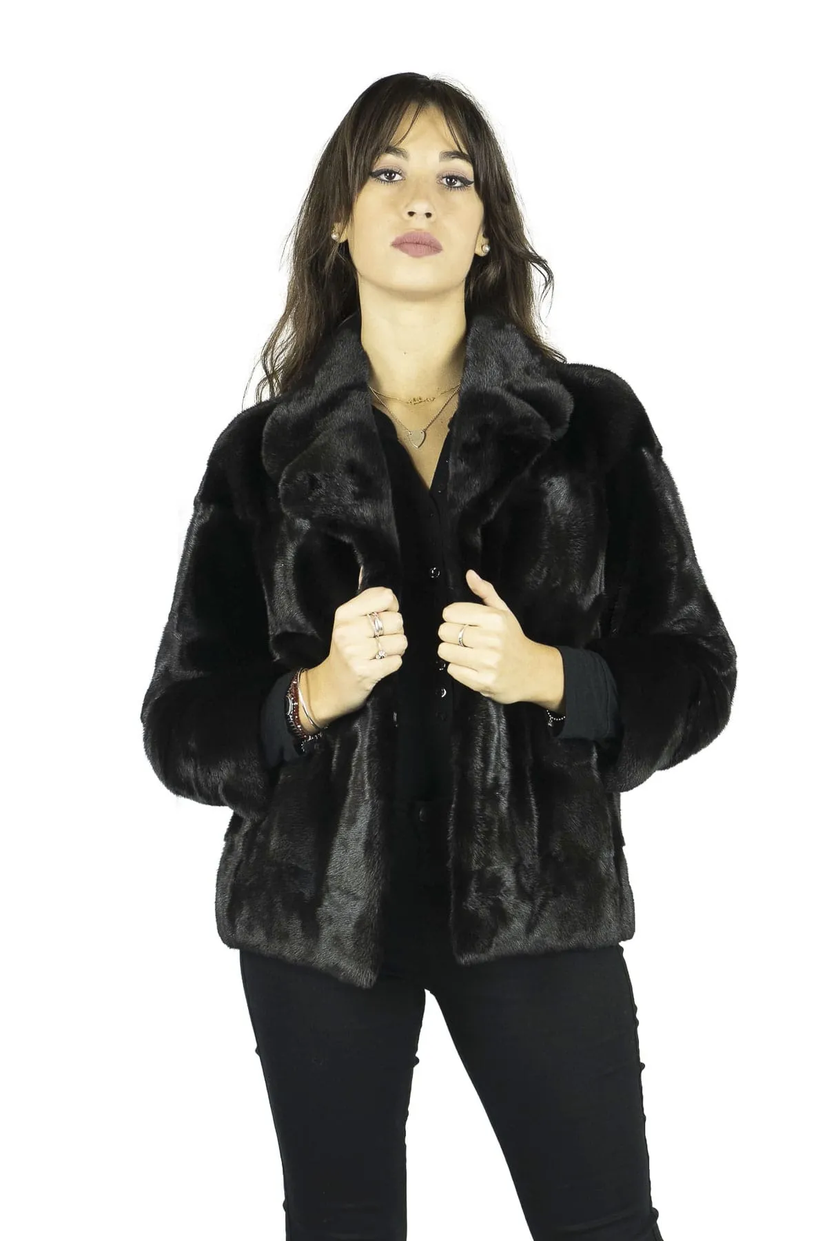 Jacket in mink Black with lapel collar