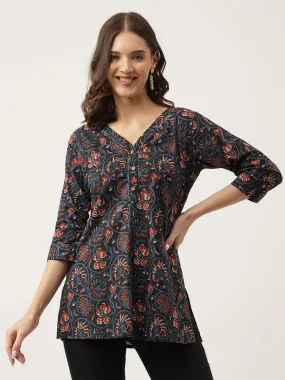 Jashvi Navy Blue Floral Printed Cotton Peplum V-Neck Top