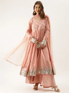 Jashvi Peach Solid Cotton Gota Work Kurta set with Dupatta