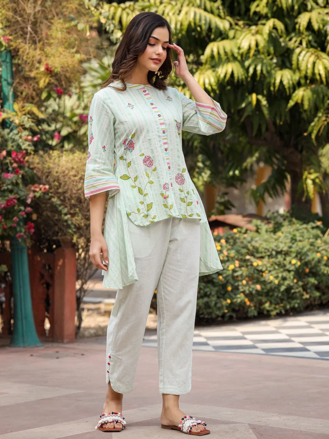 Jashvi The Wonderland Mint Floral Print Cotton Shirt With Pant & Scarf Co-Ord Set With Kaudi & Button