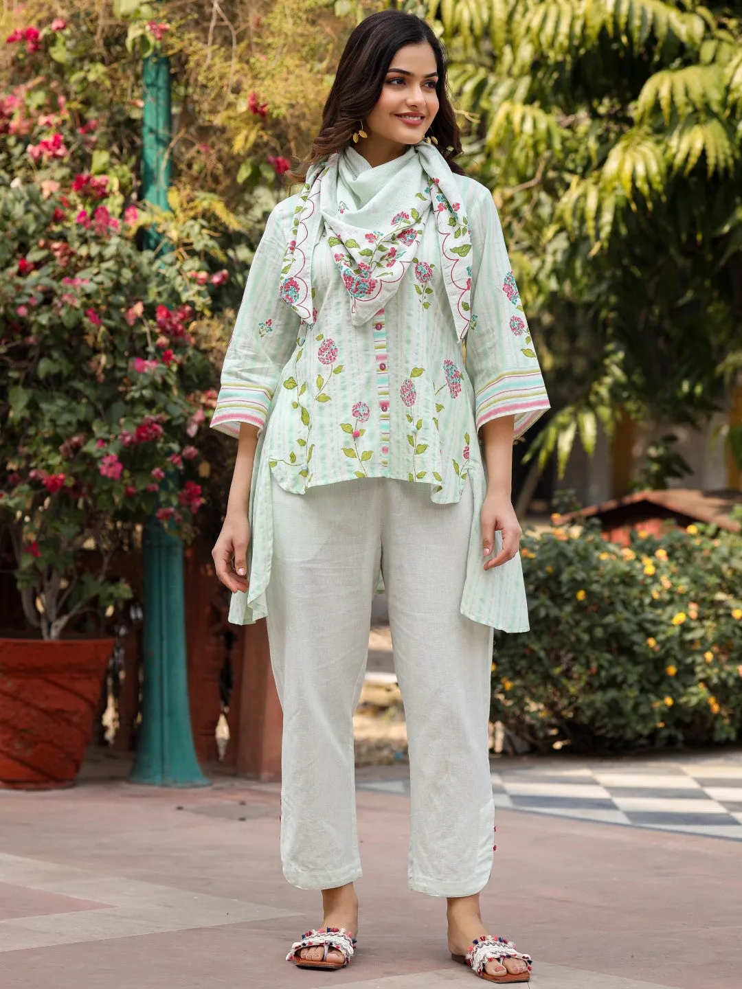 Jashvi The Wonderland Mint Floral Print Cotton Shirt With Pant & Scarf Co-Ord Set With Kaudi & Button