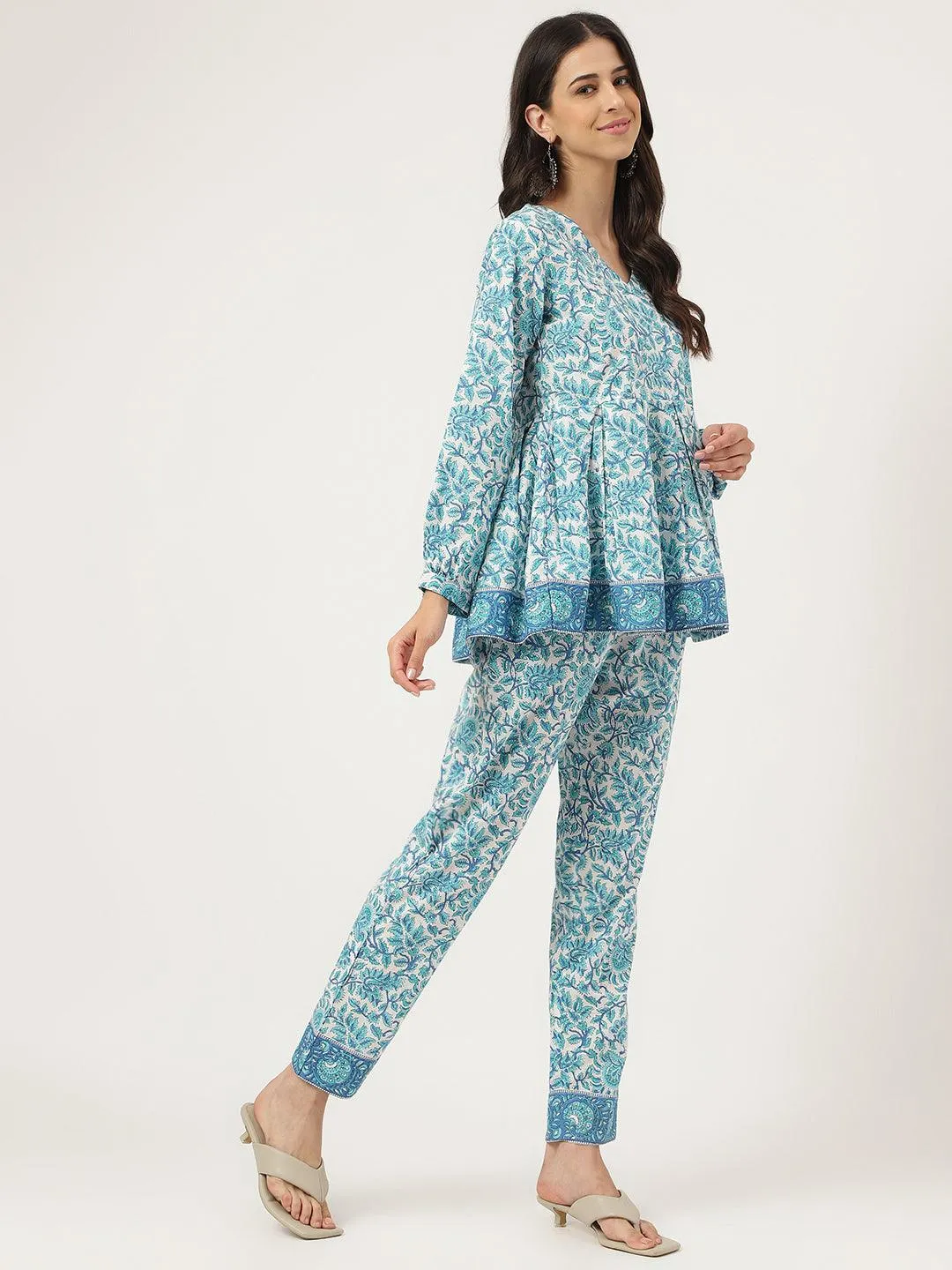 Jashvi White Floral Printed Cotton Peplum Top Pant Co-ords Sets