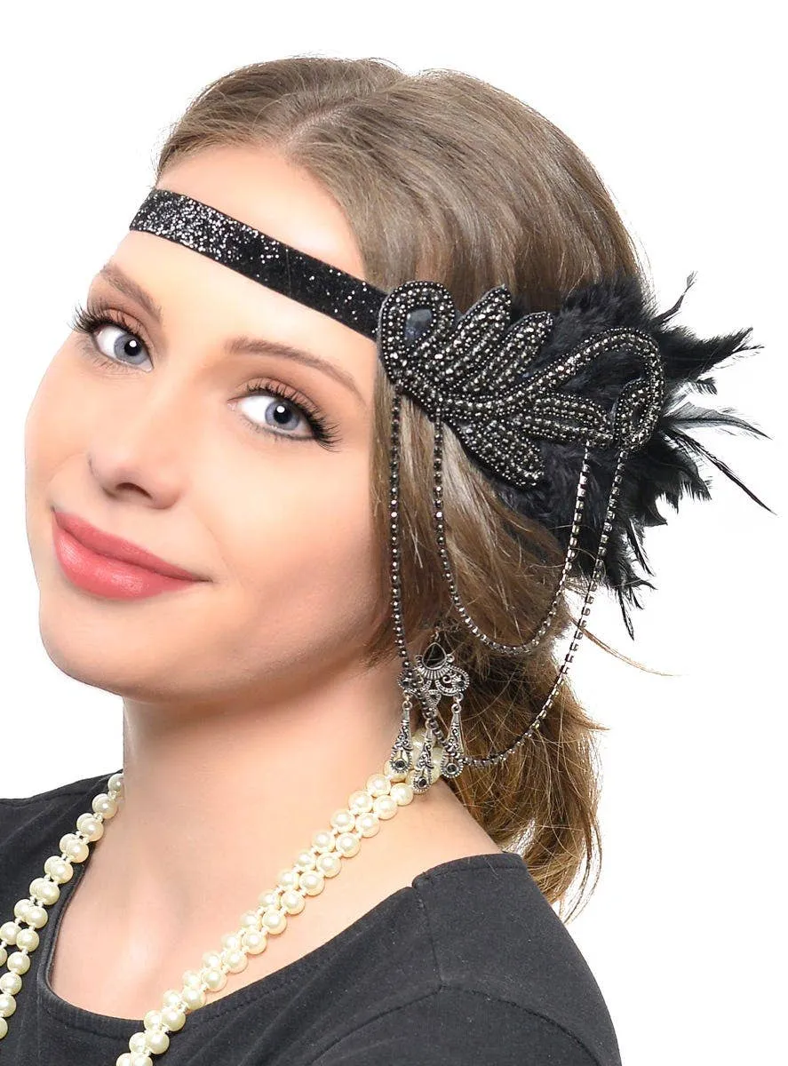 Jazzy 20s 5 Piece Black Chain Headband Gatsby Accessory Set