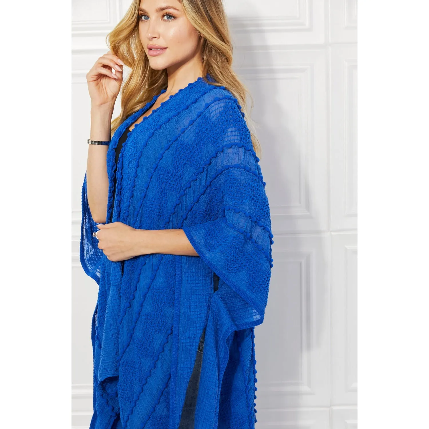 Justin Taylor Pom-Pom Asymmetrical Poncho Cardigan in Blue