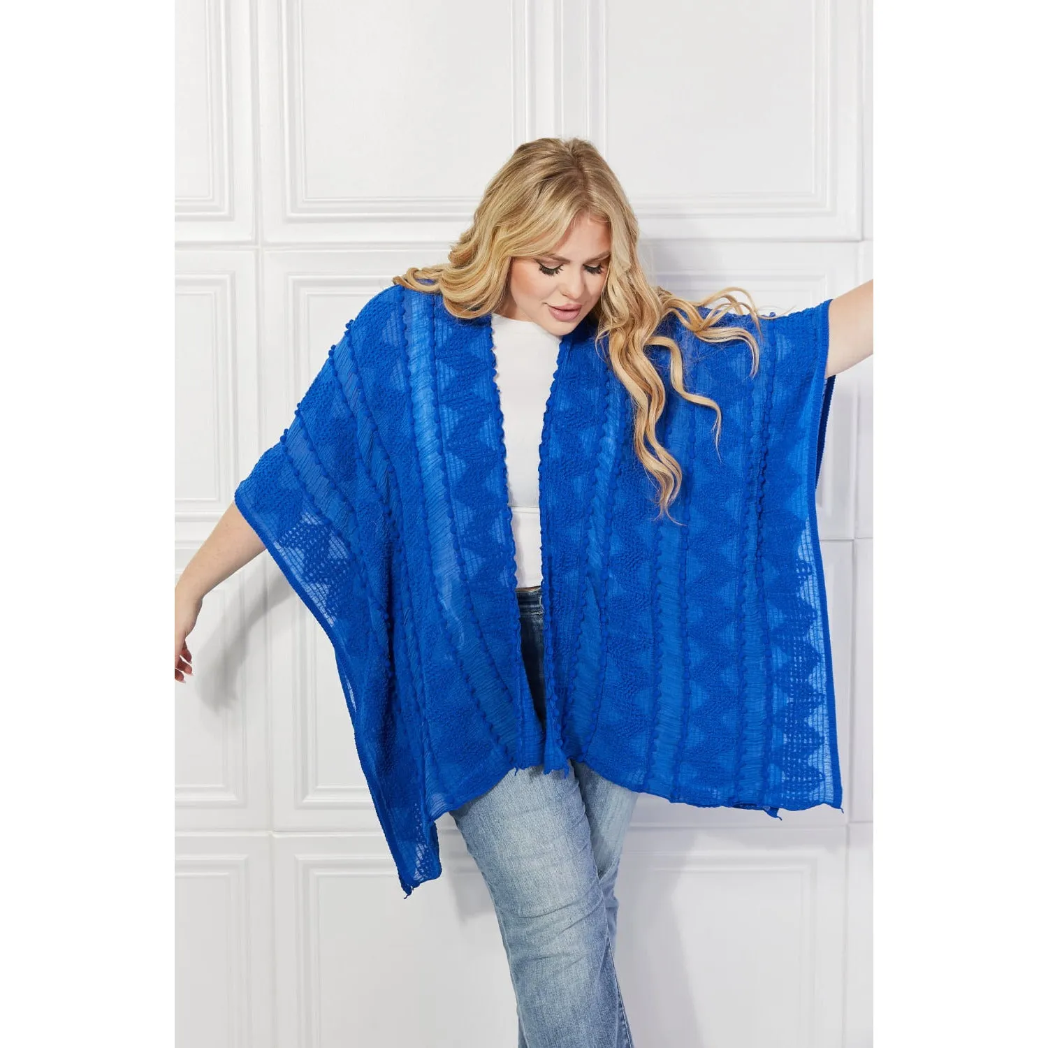 Justin Taylor Pom-Pom Asymmetrical Poncho Cardigan in Blue