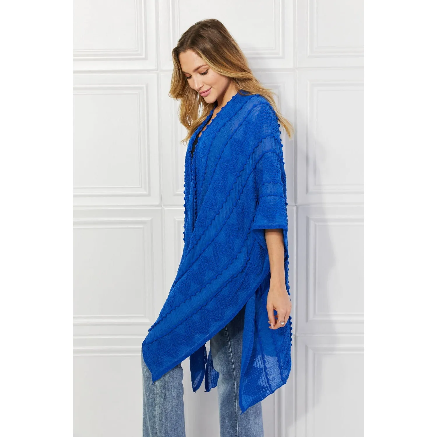 Justin Taylor Pom-Pom Asymmetrical Poncho Cardigan in Blue